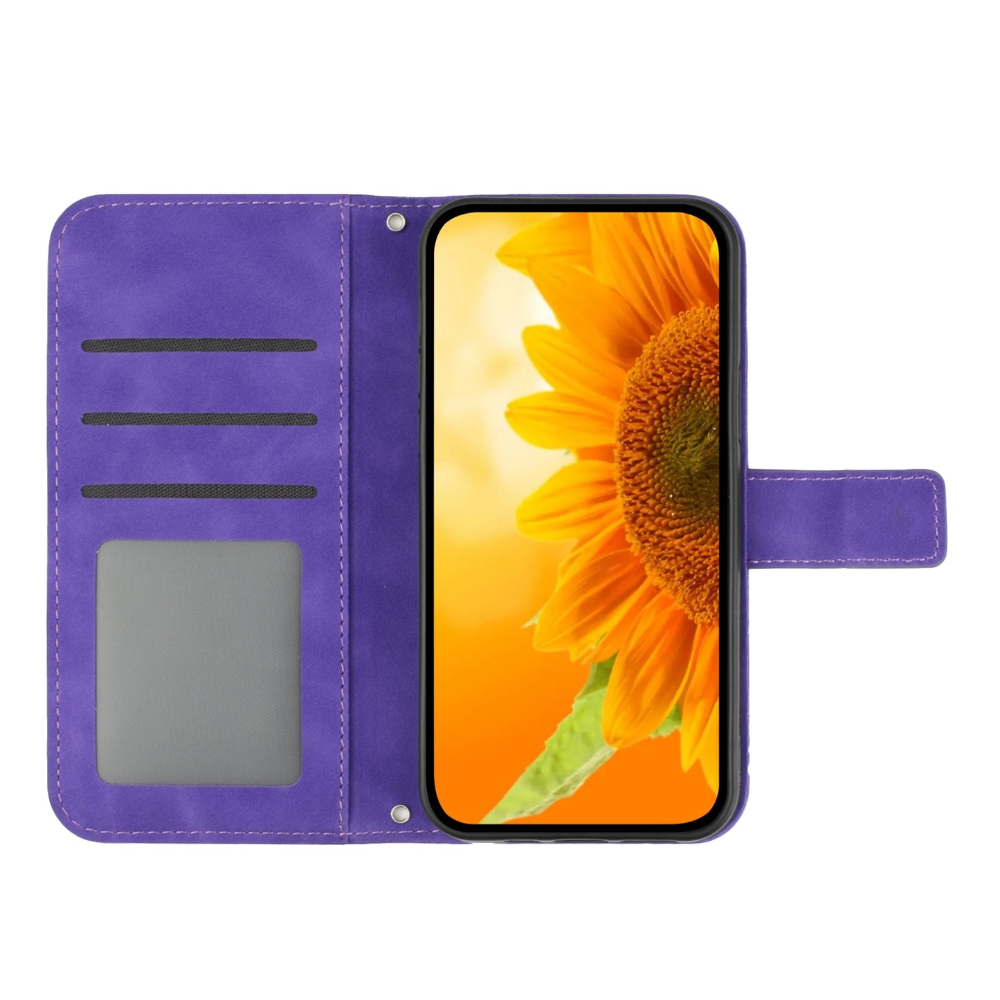 HT04 Phone Case for vivo Y78+ 5G , Leather Wallet Sunflower Pattern Stand Cover with Hand Strap