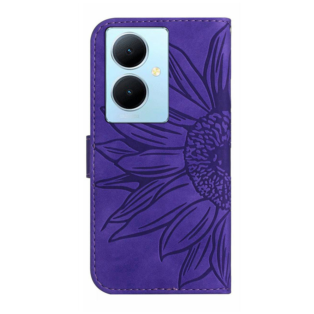 HT04 Phone Case for vivo Y78+ 5G , Leather Wallet Sunflower Pattern Stand Cover with Hand Strap