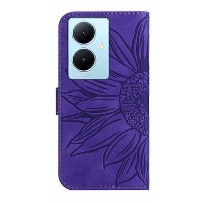 HT04 Phone Case for vivo Y78+ 5G , Leather Wallet Sunflower Pattern Stand Cover with Hand Strap