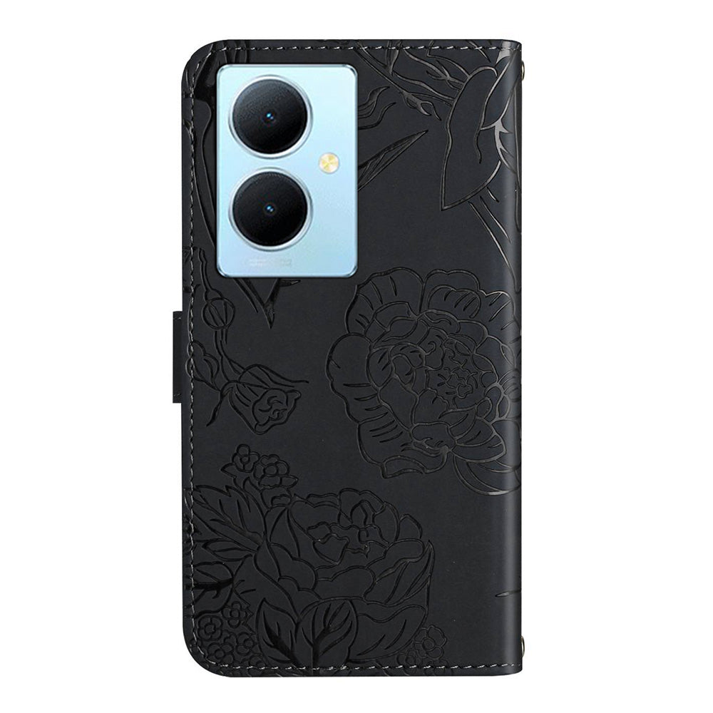 HT03 For vivo Y78+ 5G PU Leather Phone Cover Imprinted Flip Stand Wallet Case with Shoulder Strap