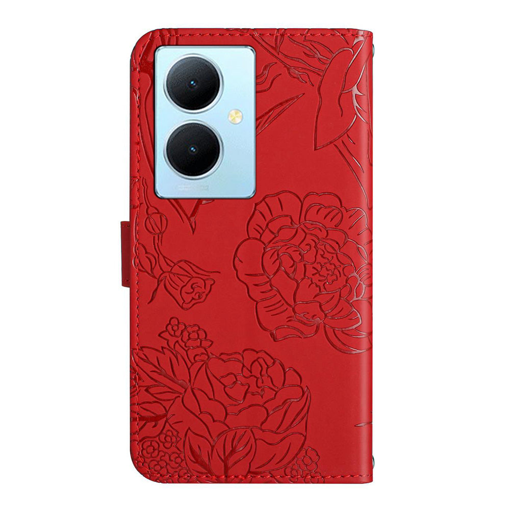 HT03 For vivo Y78+ 5G PU Leather Phone Cover Imprinted Flip Stand Wallet Case with Shoulder Strap