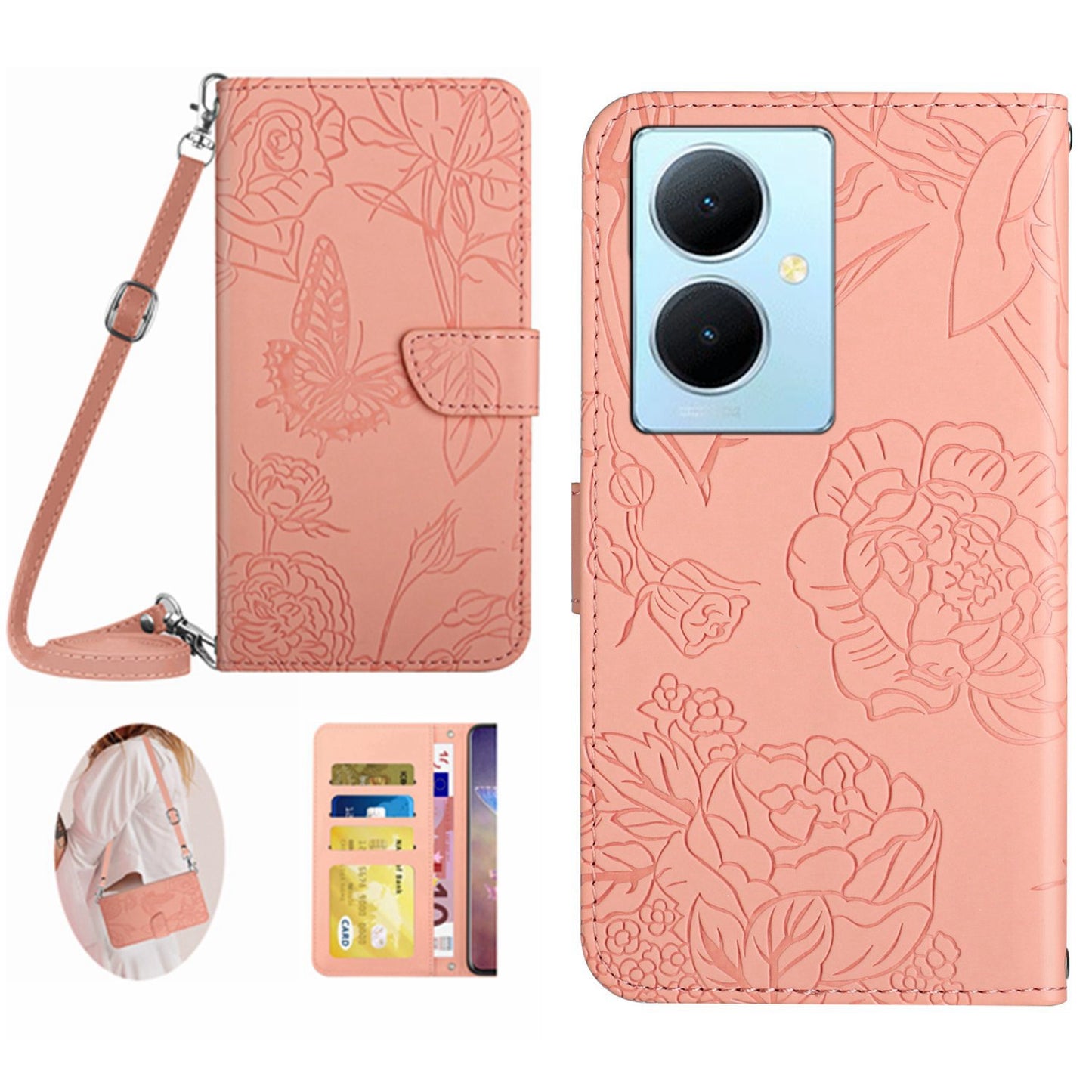 HT03 For vivo Y78+ 5G PU Leather Phone Cover Imprinted Flip Stand Wallet Case with Shoulder Strap