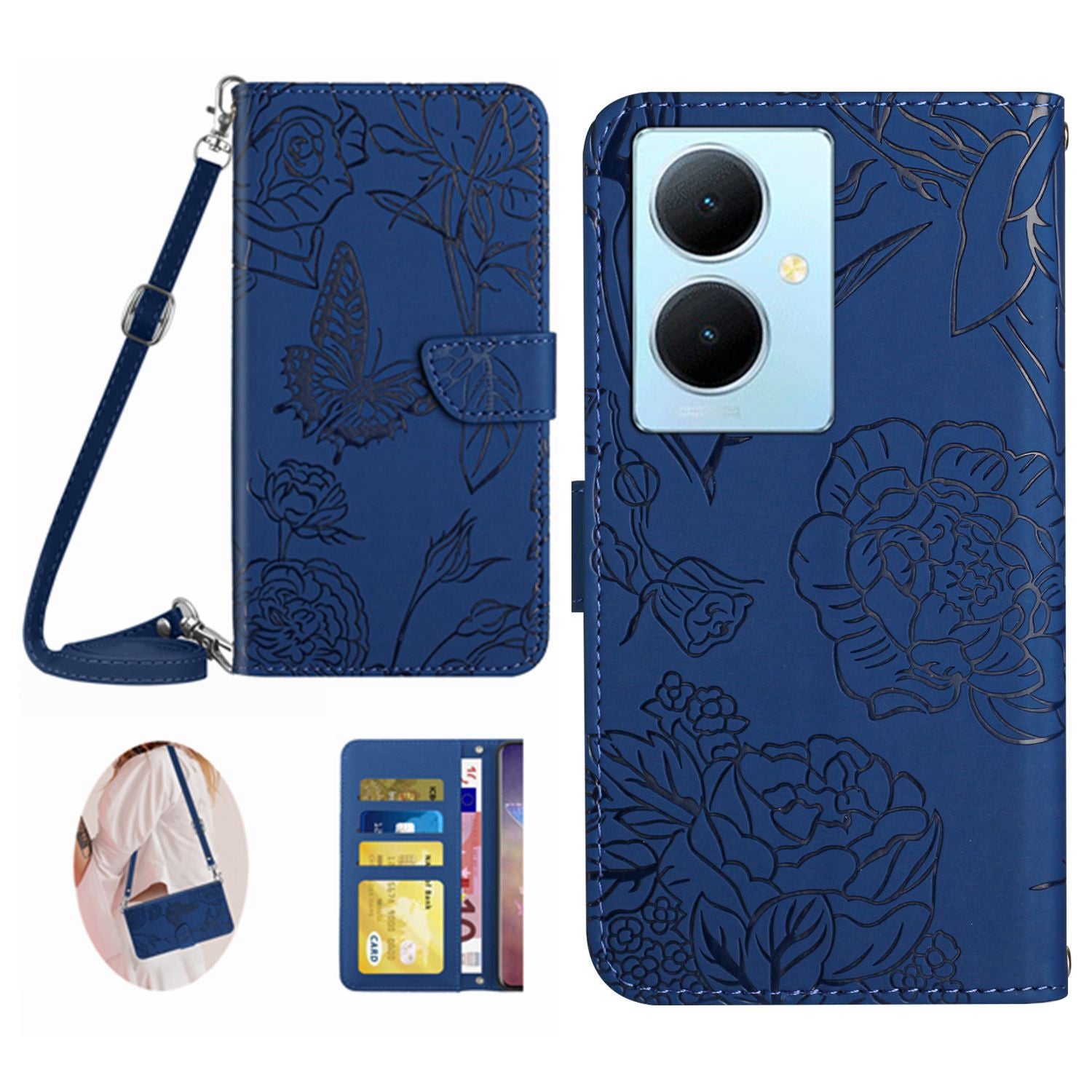 HT03 For vivo Y78+ 5G PU Leather Phone Cover Imprinted Flip Stand Wallet Case with Shoulder Strap