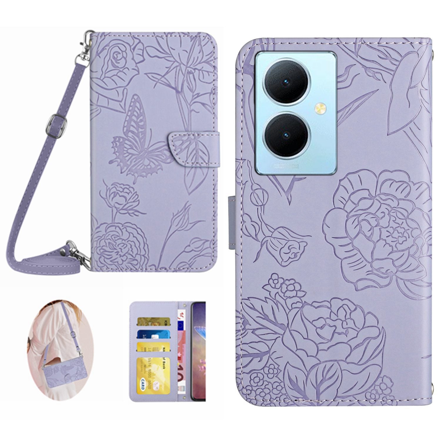 HT03 For vivo Y78+ 5G PU Leather Phone Cover Imprinted Flip Stand Wallet Case with Shoulder Strap
