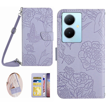 HT03 For vivo Y78+ 5G PU Leather Phone Cover Imprinted Flip Stand Wallet Case with Shoulder Strap