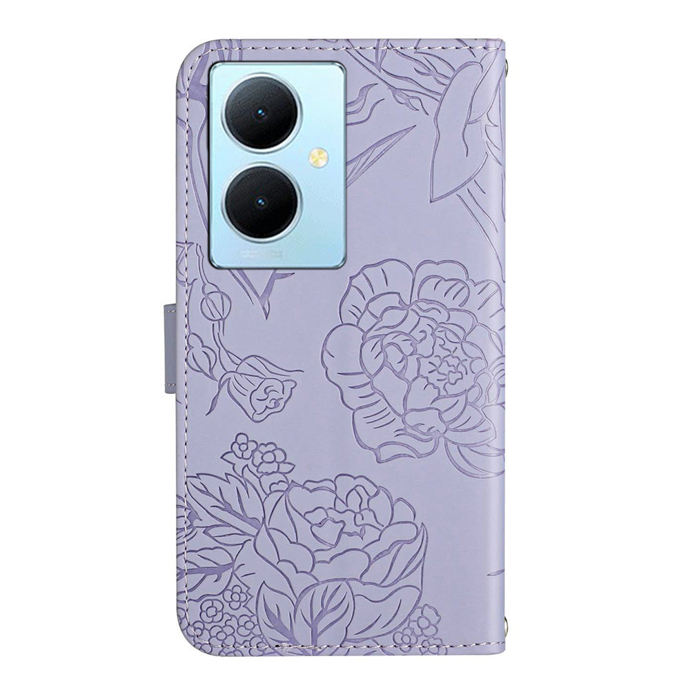 HT03 For vivo Y78+ 5G PU Leather Phone Cover Imprinted Flip Stand Wallet Case with Shoulder Strap