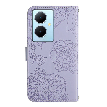 HT03 For vivo Y78+ 5G PU Leather Phone Cover Imprinted Flip Stand Wallet Case with Shoulder Strap