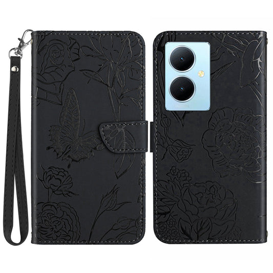 HT03 For vivo Y78+ 5G Leather Phone Case Butterfly Imprinted Flip Stand Wallet Cover with Wrist Strap