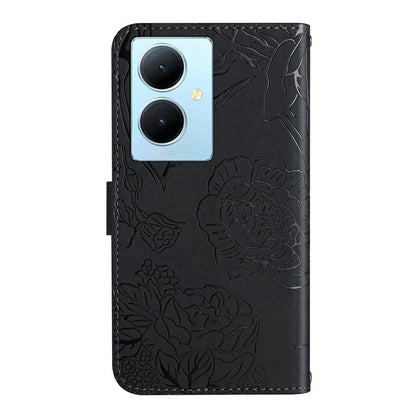 HT03 For vivo Y78+ 5G Leather Phone Case Butterfly Imprinted Flip Stand Wallet Cover with Wrist Strap