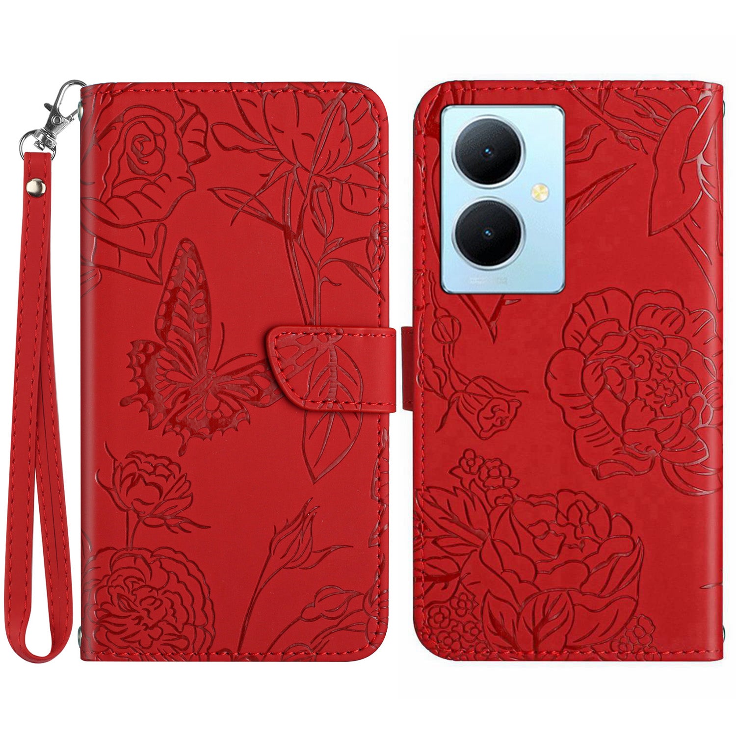 HT03 For vivo Y78+ 5G Leather Phone Case Butterfly Imprinted Flip Stand Wallet Cover with Wrist Strap