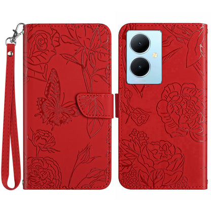 HT03 For vivo Y78+ 5G Leather Phone Case Butterfly Imprinted Flip Stand Wallet Cover with Wrist Strap
