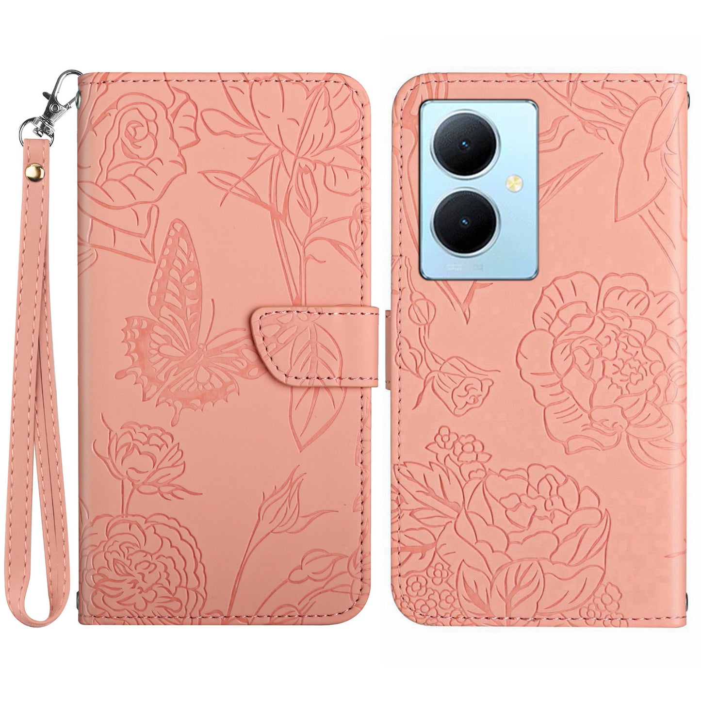 HT03 For vivo Y78+ 5G Leather Phone Case Butterfly Imprinted Flip Stand Wallet Cover with Wrist Strap