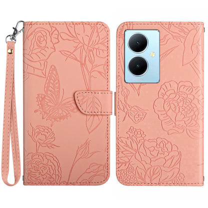 HT03 For vivo Y78+ 5G Leather Phone Case Butterfly Imprinted Flip Stand Wallet Cover with Wrist Strap