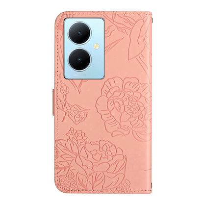 HT03 For vivo Y78+ 5G Leather Phone Case Butterfly Imprinted Flip Stand Wallet Cover with Wrist Strap