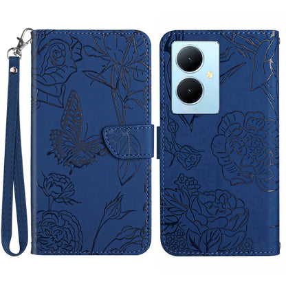 HT03 For vivo Y78+ 5G Leather Phone Case Butterfly Imprinted Flip Stand Wallet Cover with Wrist Strap