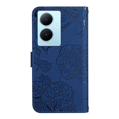 HT03 For vivo Y78+ 5G Leather Phone Case Butterfly Imprinted Flip Stand Wallet Cover with Wrist Strap