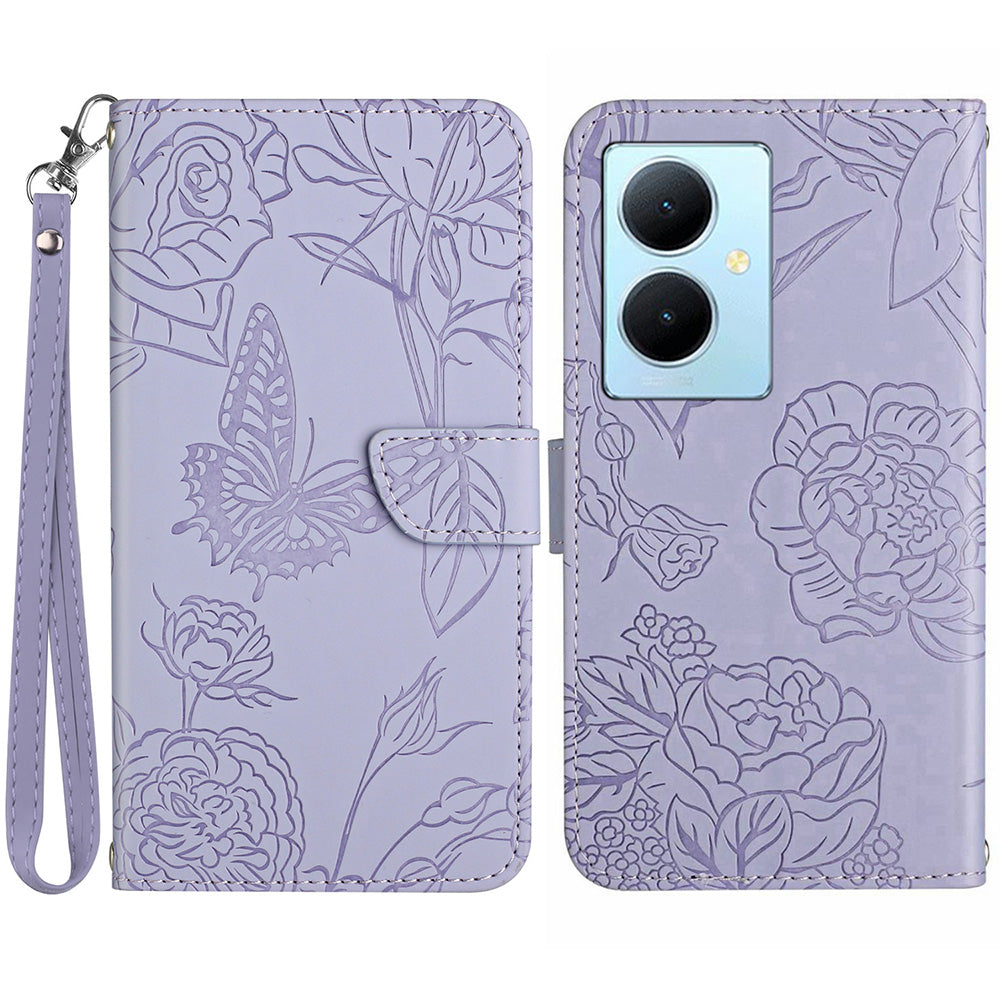HT03 For vivo Y78+ 5G Leather Phone Case Butterfly Imprinted Flip Stand Wallet Cover with Wrist Strap