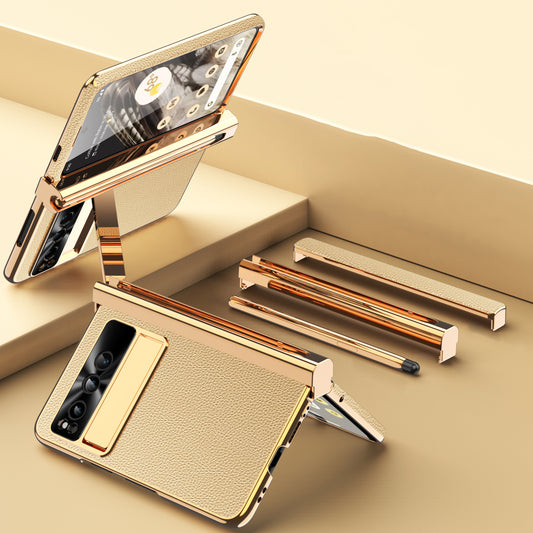 For Google Pixel Fold PU Leather+PC Phone Case Magnetic Double Hinge Kickstand Cover with Tempered Glass Screen Film+Stylus