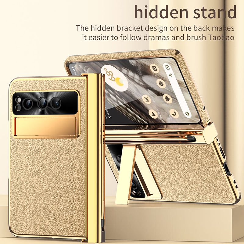 For Google Pixel Fold PU Leather+PC Phone Case Magnetic Double Hinge Kickstand Cover with Tempered Glass Screen Film+Stylus