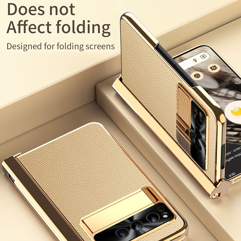 For Google Pixel Fold PU Leather+PC Phone Case Magnetic Double Hinge Kickstand Cover with Tempered Glass Screen Film+Stylus