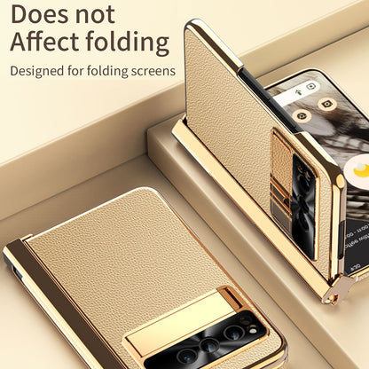 For Google Pixel Fold PU Leather+PC Phone Case Magnetic Double Hinge Kickstand Cover with Tempered Glass Screen Film+Stylus