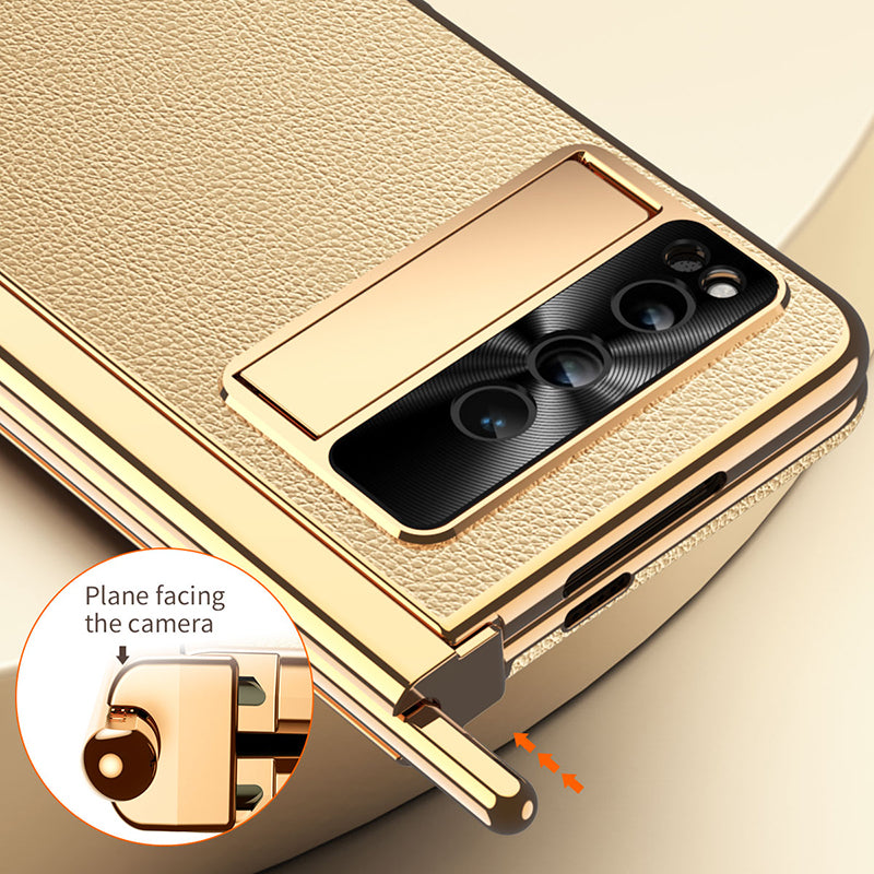 For Google Pixel Fold PU Leather+PC Phone Case Magnetic Double Hinge Kickstand Cover with Tempered Glass Screen Film+Stylus
