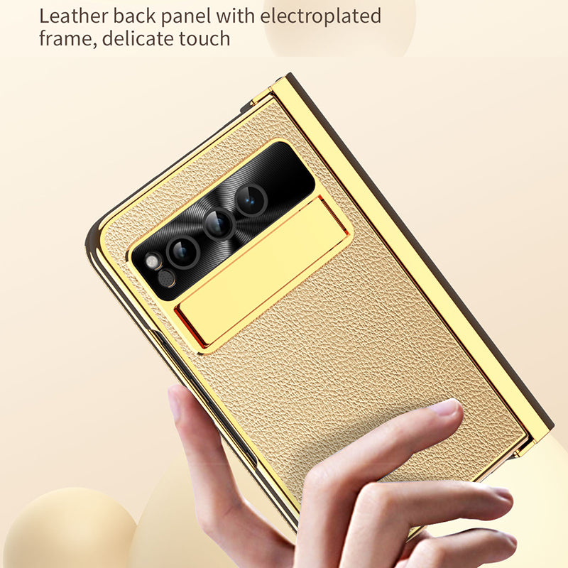 For Google Pixel Fold PU Leather+PC Phone Case Magnetic Double Hinge Kickstand Cover with Tempered Glass Screen Film+Stylus