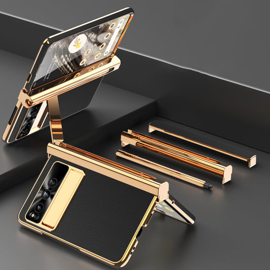 For Google Pixel Fold PU Leather+PC Phone Case Magnetic Double Hinge Kickstand Cover with Tempered Glass Screen Film+Stylus