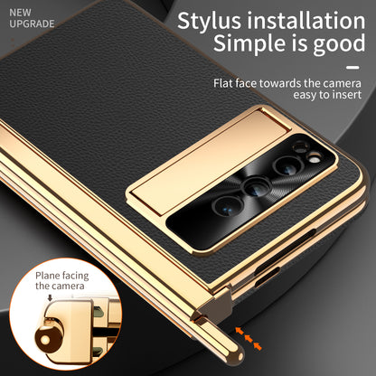 For Google Pixel Fold PU Leather+PC Phone Case Magnetic Double Hinge Kickstand Cover with Tempered Glass Screen Film+Stylus