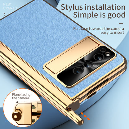 For Google Pixel Fold PU Leather+PC Phone Case Magnetic Double Hinge Kickstand Cover with Tempered Glass Screen Film+Stylus