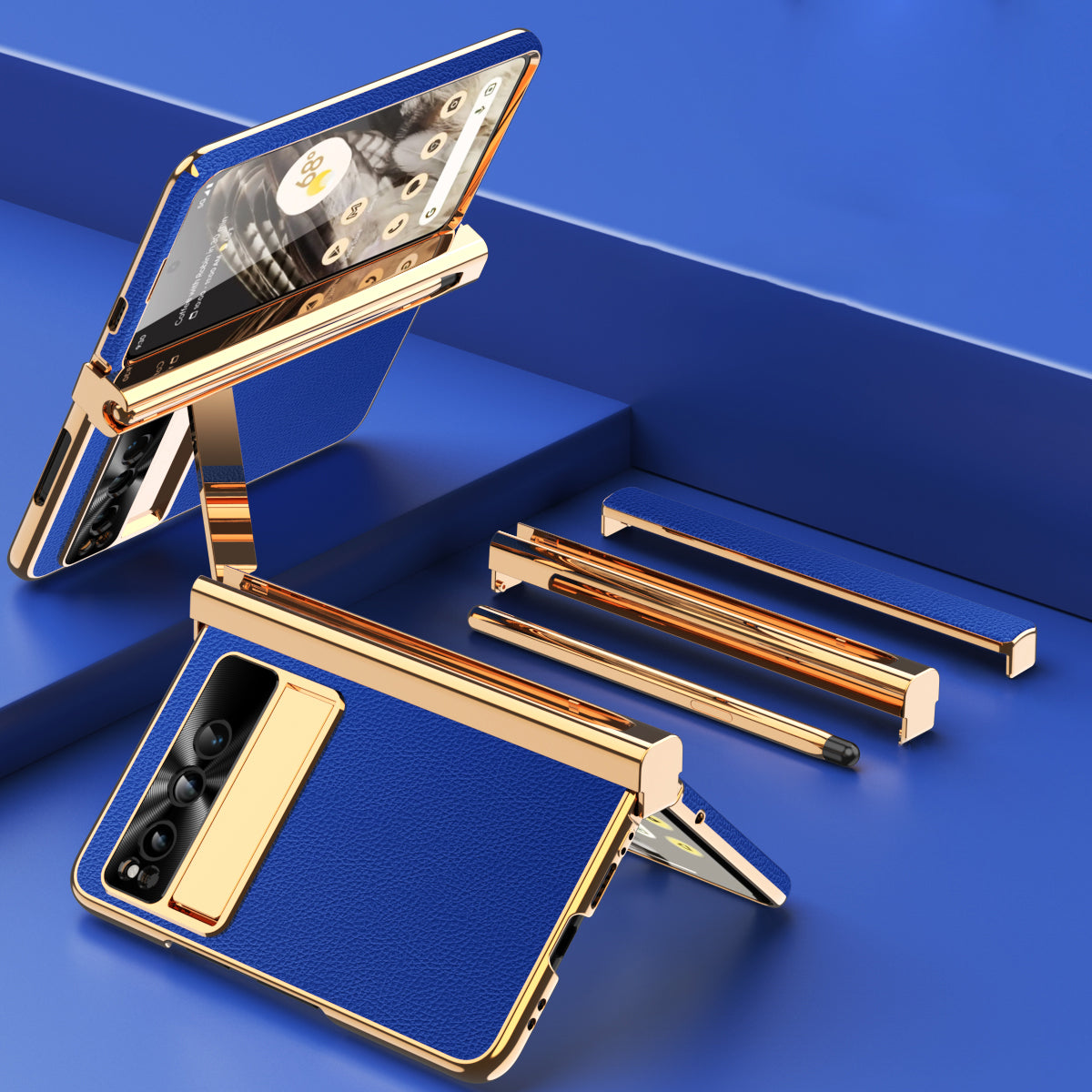 For Google Pixel Fold PU Leather+PC Phone Case Magnetic Double Hinge Kickstand Cover with Tempered Glass Screen Film+Stylus