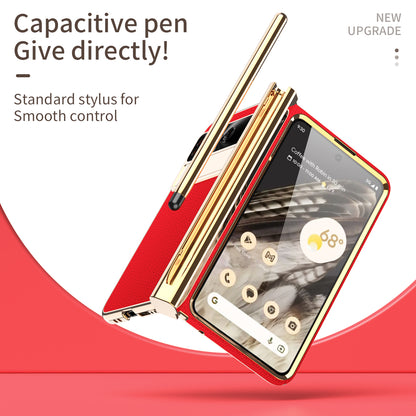 For Google Pixel Fold PU Leather+PC Phone Case Magnetic Double Hinge Kickstand Cover with Tempered Glass Screen Film+Stylus