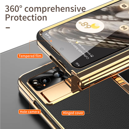 For Google Pixel Fold PU Leather+PC Kickstand Phone Case Magnetic Folding Hinge  Litchi Texture Cover with Tempered Glass Screen Film+Stylus