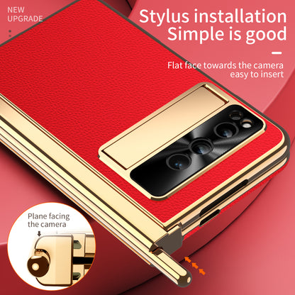 For Google Pixel Fold PU Leather+PC Kickstand Phone Case Magnetic Folding Hinge  Litchi Texture Cover with Tempered Glass Screen Film+Stylus