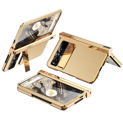 For Google Pixel Fold PU Leather+PC Kickstand Phone Case Magnetic Folding Hinge  Litchi Texture Cover with Tempered Glass Screen Film+Stylus