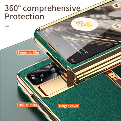 For Google Pixel Fold PU Leather+PC Kickstand Phone Case Magnetic Folding Hinge  Litchi Texture Cover with Tempered Glass Screen Film+Stylus
