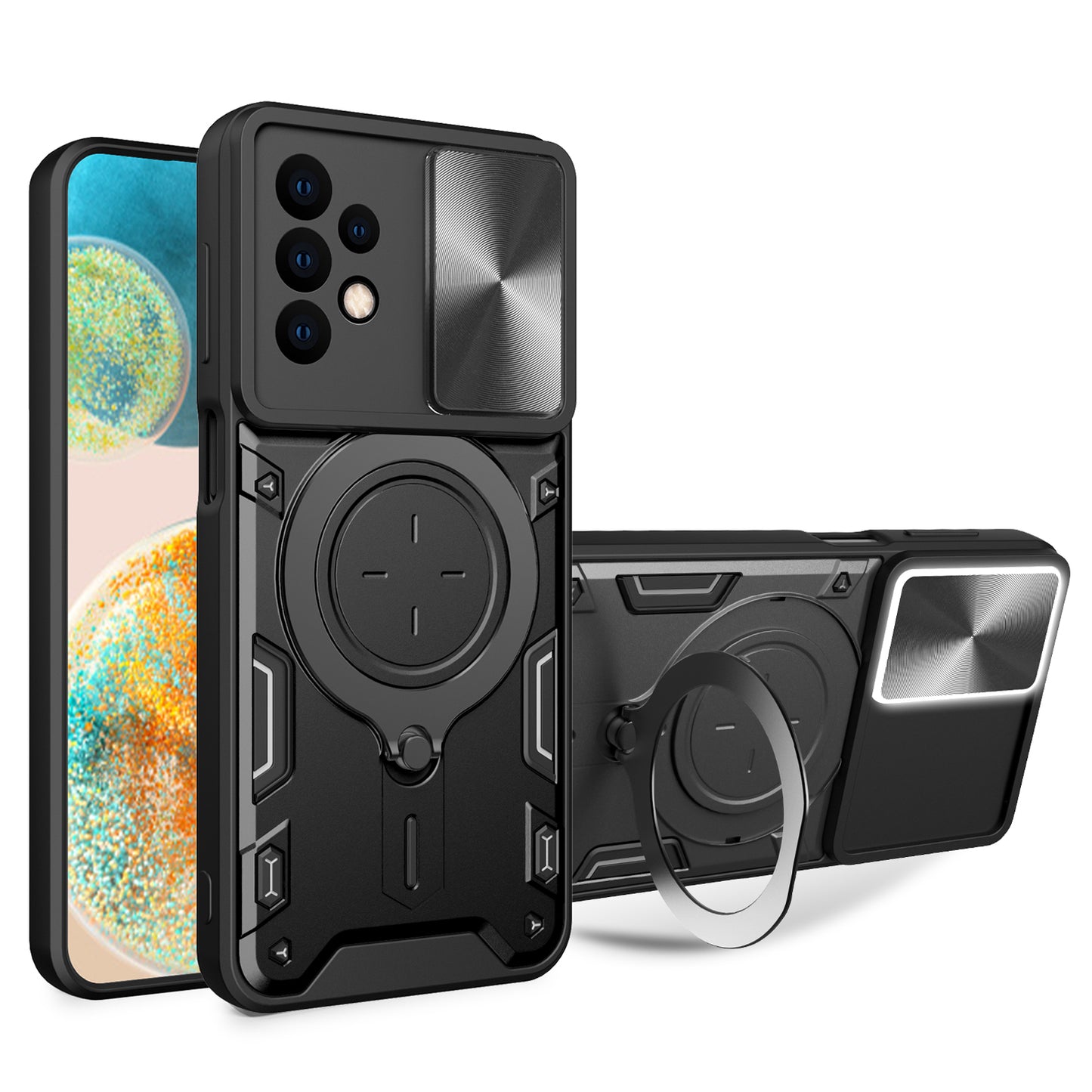 For Samsung Galaxy A23 4G / A23 5G (Global Version) Slide Camera Lid Drop-proof Case Rotating Kickstand PC+TPU Phone Cover
