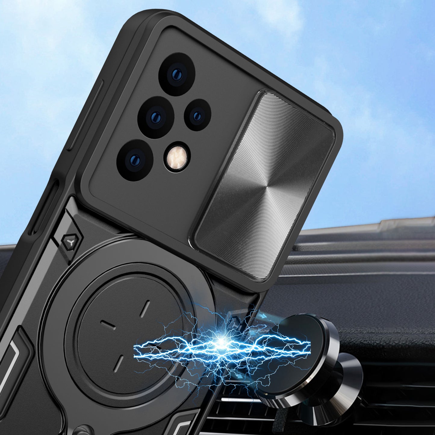 For Samsung Galaxy A23 4G / A23 5G (Global Version) Slide Camera Lid Drop-proof Case Rotating Kickstand PC+TPU Phone Cover