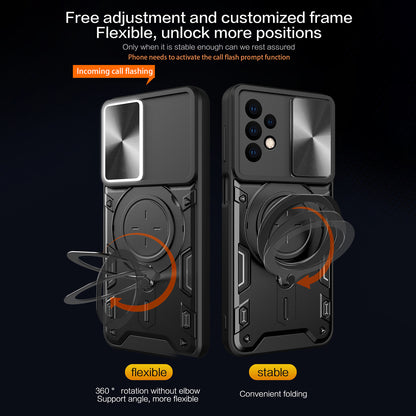 For Samsung Galaxy A23 4G / A23 5G (Global Version) Slide Camera Lid Drop-proof Case Rotating Kickstand PC+TPU Phone Cover