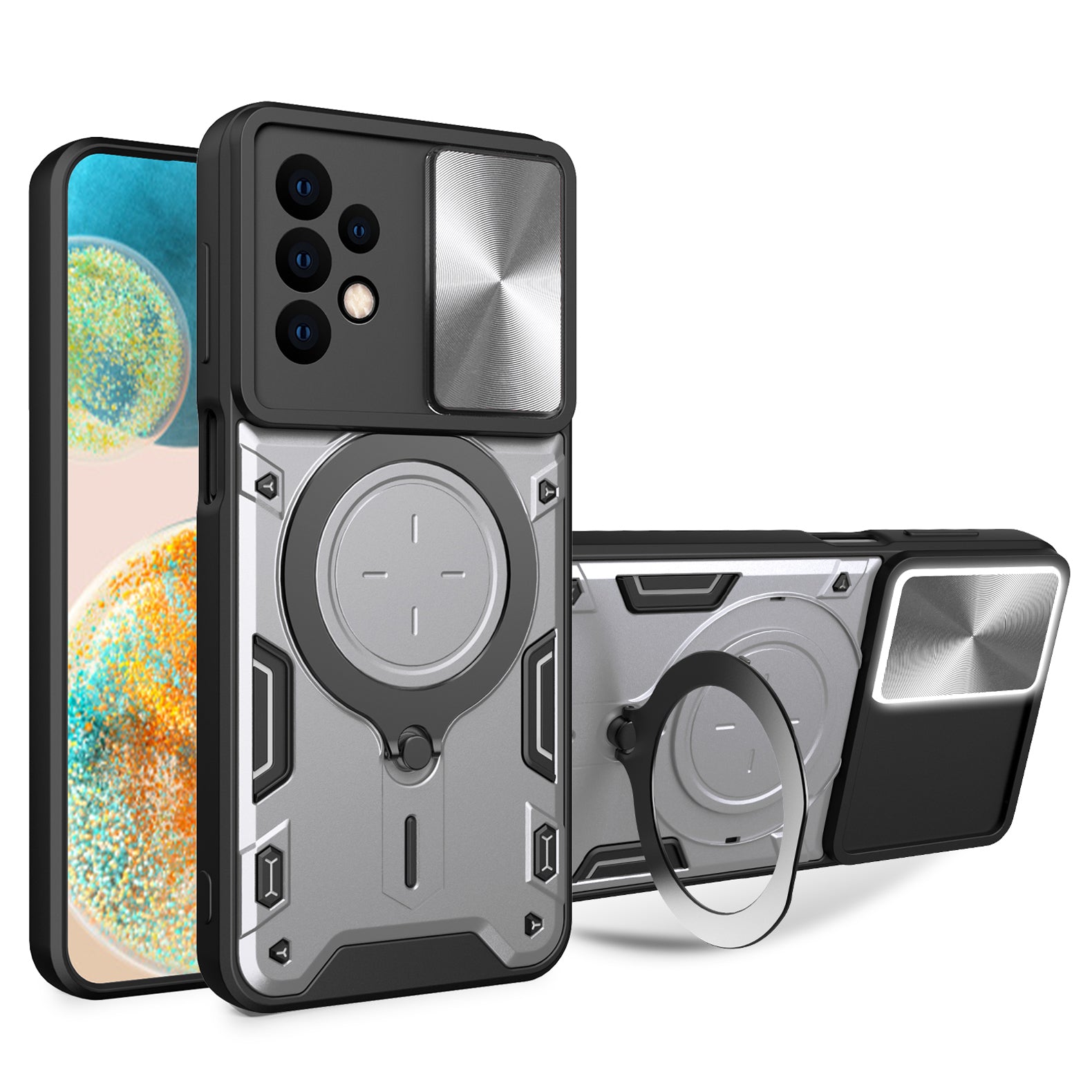 For Samsung Galaxy A23 4G / A23 5G (Global Version) Slide Camera Lid Drop-proof Case Rotating Kickstand PC+TPU Phone Cover