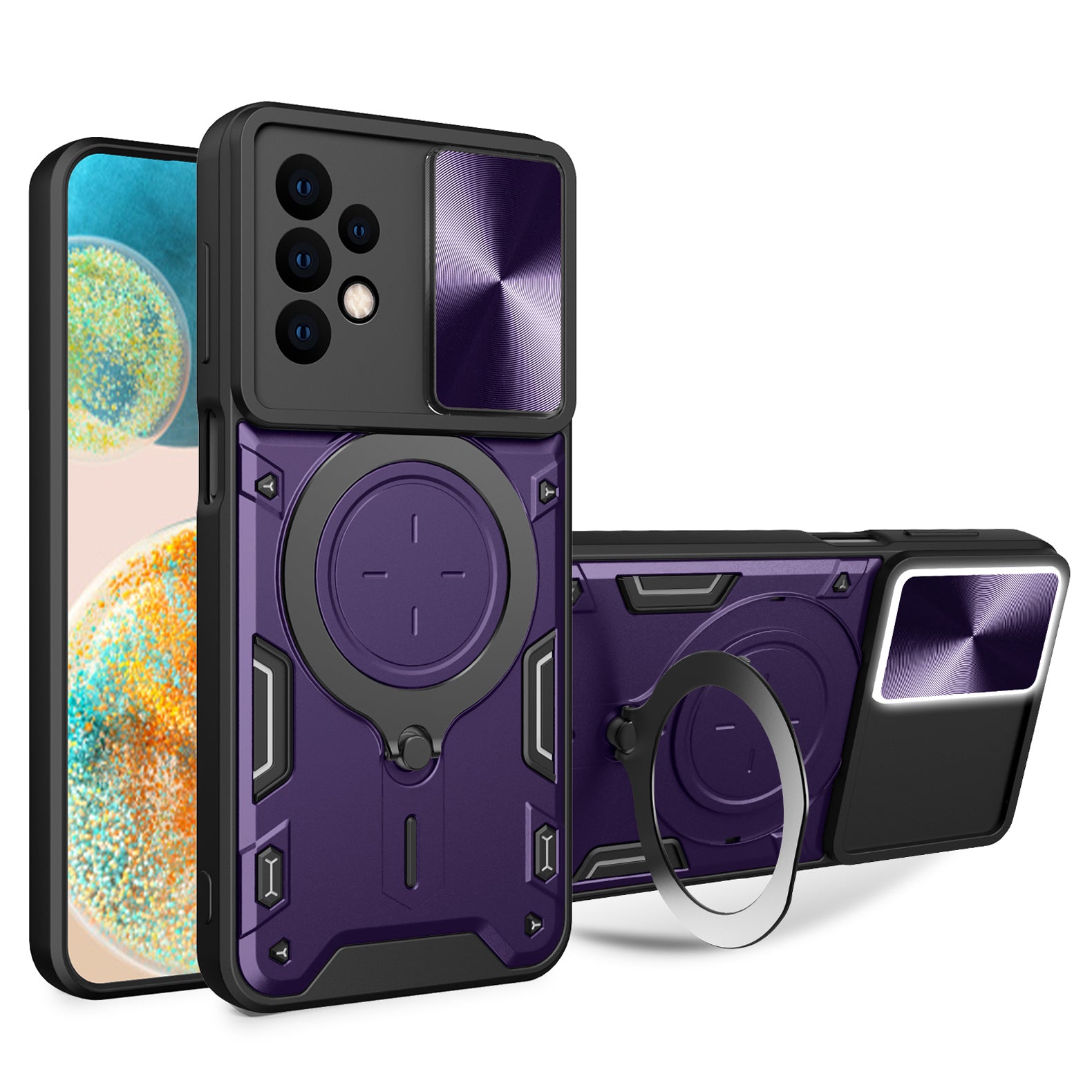 For Samsung Galaxy A23 4G / A23 5G (Global Version) Slide Camera Lid Drop-proof Case Rotating Kickstand PC+TPU Phone Cover