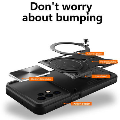 For Samsung Galaxy A23 4G / A23 5G (Global Version) Slide Camera Lid Drop-proof Case Rotating Kickstand PC+TPU Phone Cover