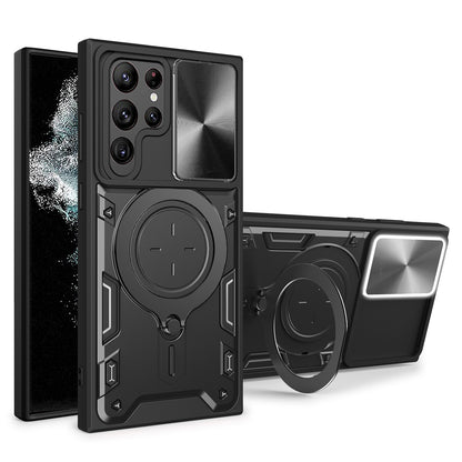 For Samsung Galaxy S22 Ultra 5G Rotatable Kickstand Phone Case Shockproof PC+TPU Cover with Slide Camera Lid
