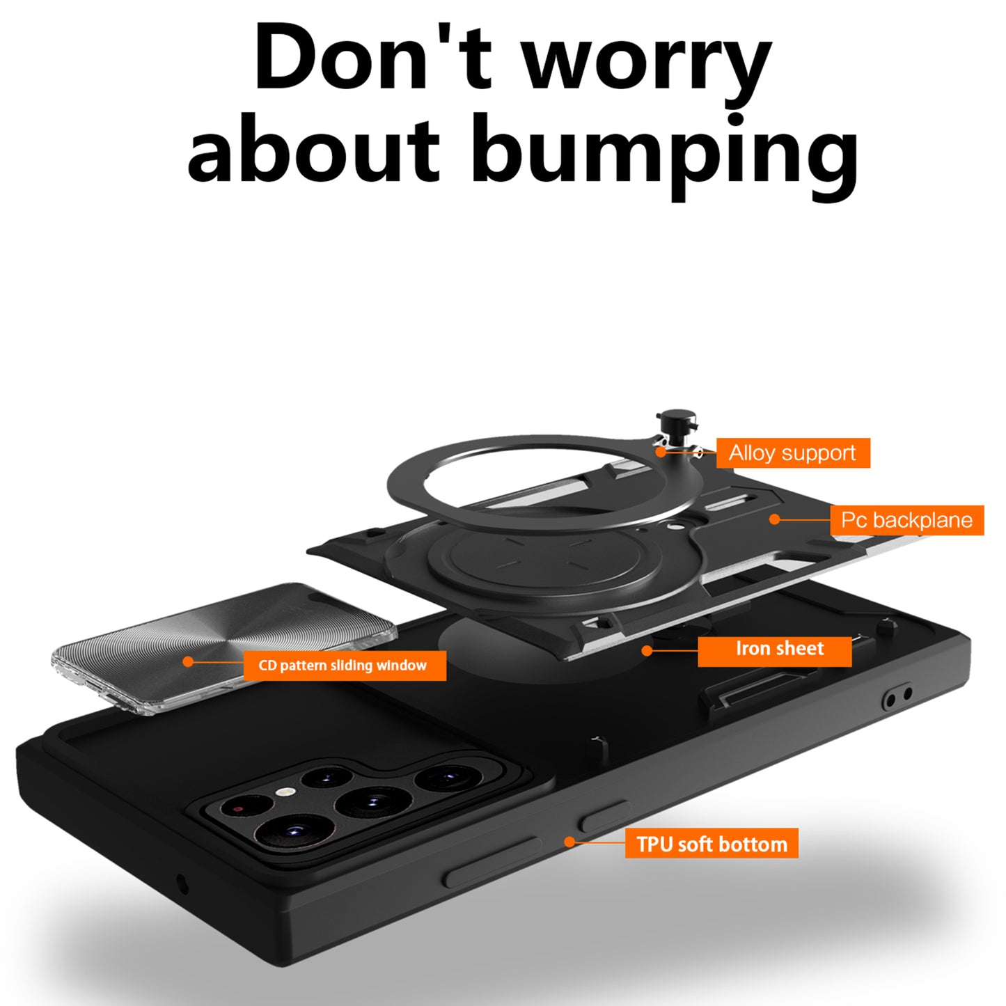 For Samsung Galaxy S22 Ultra 5G Rotatable Kickstand Phone Case Shockproof PC+TPU Cover with Slide Camera Lid