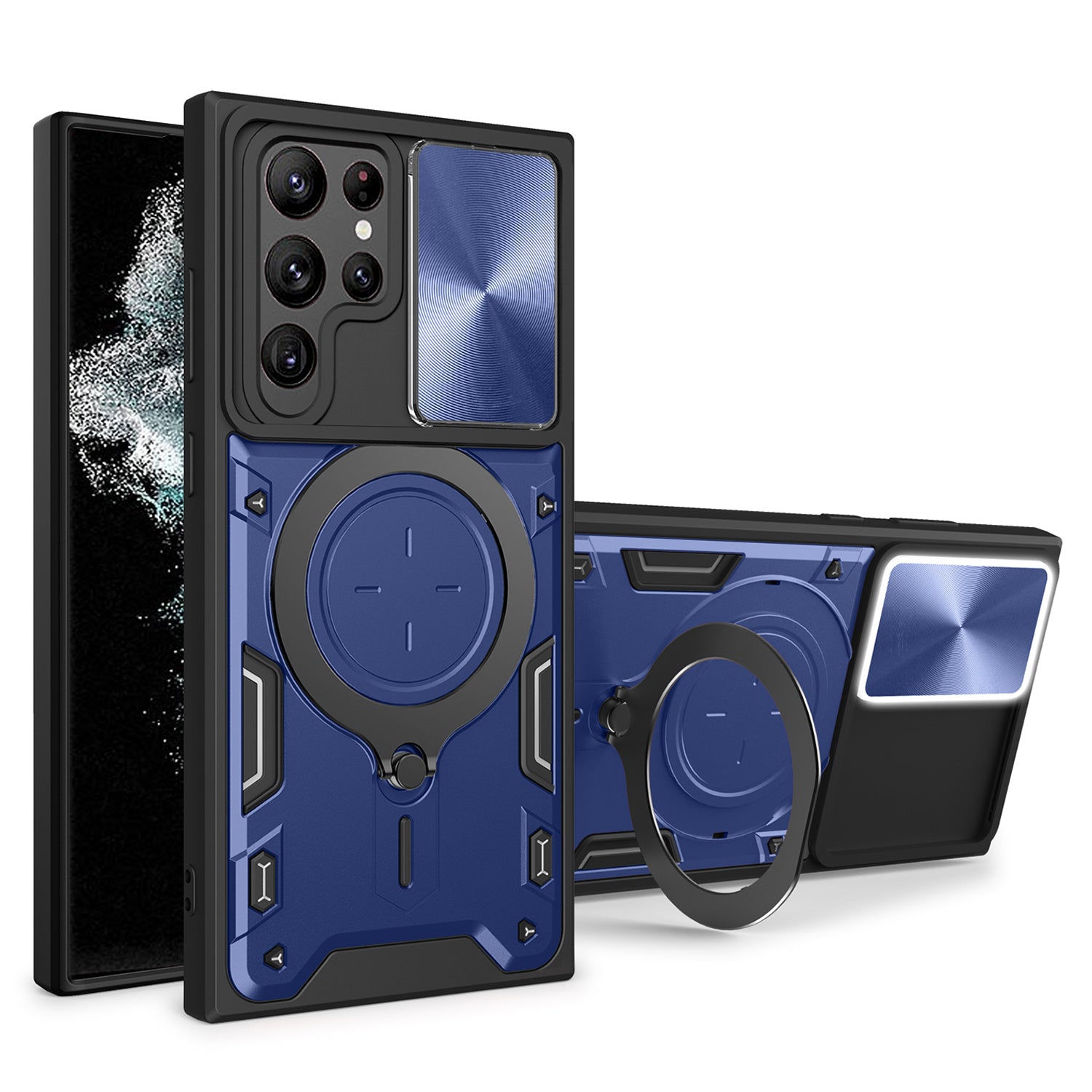 For Samsung Galaxy S22 Ultra 5G Rotatable Kickstand Phone Case Shockproof PC+TPU Cover with Slide Camera Lid