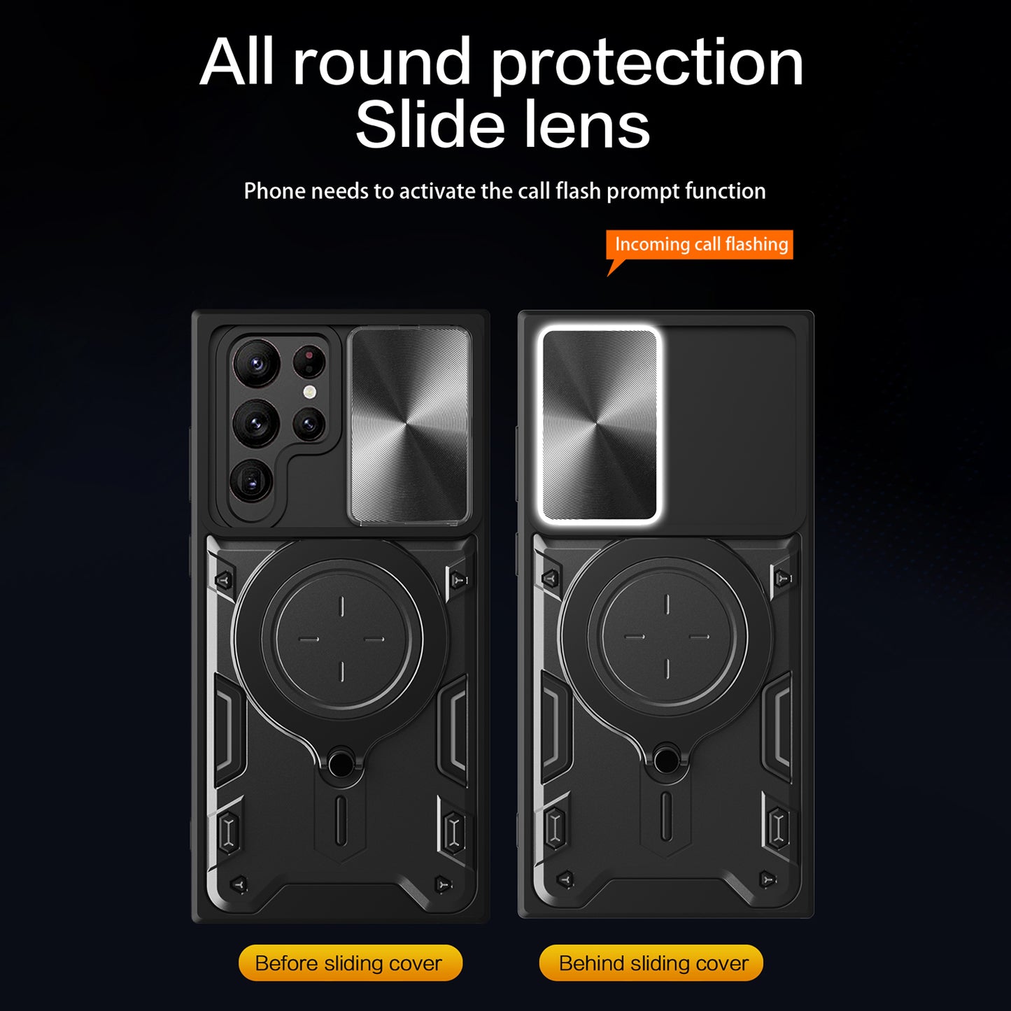 For Samsung Galaxy S22 Ultra 5G Rotatable Kickstand Phone Case Shockproof PC+TPU Cover with Slide Camera Lid