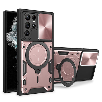 For Samsung Galaxy S22 Ultra 5G Rotatable Kickstand Phone Case Shockproof PC+TPU Cover with Slide Camera Lid