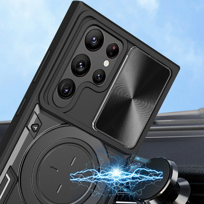 For Samsung Galaxy S22 Ultra 5G Rotatable Kickstand Phone Case Shockproof PC+TPU Cover with Slide Camera Lid