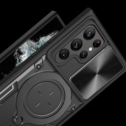 For Samsung Galaxy S22 Ultra 5G Rotatable Kickstand Phone Case Shockproof PC+TPU Cover with Slide Camera Lid