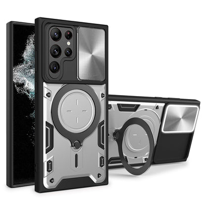 For Samsung Galaxy S22 Ultra 5G Rotatable Kickstand Phone Case Shockproof PC+TPU Cover with Slide Camera Lid